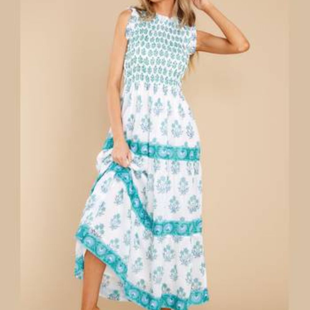 NWT $298 Oliphant Indica Blue Smocked Sleeveless Maxi Dress XXS - Picture 2 of 3